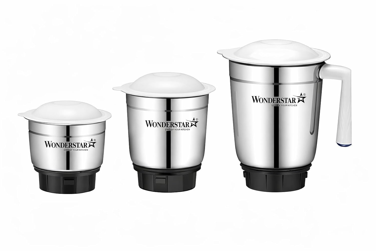 Wonder Star Stainless Steel Mixer Jar Set, 3 Pieces, with White Lids, Silver || capacity 300+800+1200ml ||nylon base ||side 2lock and 4teeth coupler mixer compatible